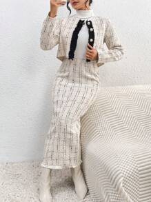 SHEIN Privé Contrast Color Decorated Plaid Thick Coat And A-Line Skirt Two Piece Set - Apricot - View 3