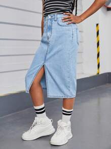 SHEIN Tween Girls' Fashionable, Casual, Comfortable, High-Slit, Washed Denim Skirt