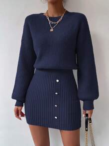 SHEIN Essnce 女士花邊插針船袖毛衣連衣裙 - 寶藍色 - 查看 5