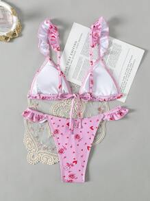 Swim Mod 女士花卉和心形印花比基尼套装带荷叶边装饰情人节夏季