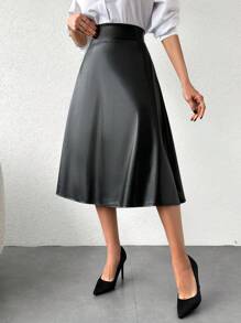 EURMUSE Solid PU Leather Flare Hem Skirt - Black - View 3