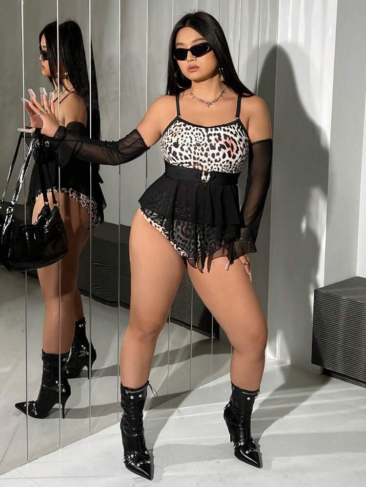 Plus Size Summer Beach Leopard Mesh Panel Cami Vest Style Tankini Set
