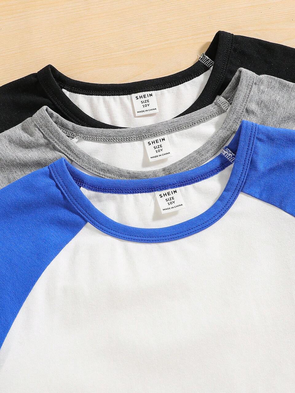 3pcs/Set Loose Fit Tween Boys' Casual Round Neck Color Block Short Sleeve T-Shirt With Patchwork Design