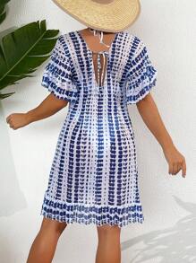 SHEIN Swim 1件女款水洗染遮陽衣,帶有荷葉邊袖口設計 - 藍白色 - 查看 2