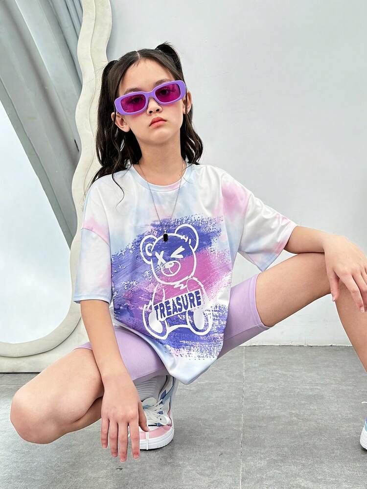 SHEIN 青少年女孩日常街頭時尚針織印花圓領短袖t恤和短褲套裝（適用於春/夏季） - 彩色 - 查看 1