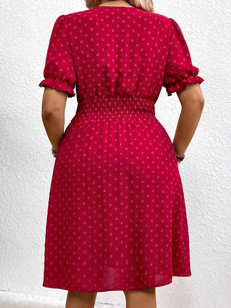 Plus Size Women's Swiss Dot Print Waist Cinched Dress