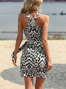 Breezaya Vestido Con Cuello Halter Y Estampado Completo Para Mujer - Blanco y Negro - Ver 2