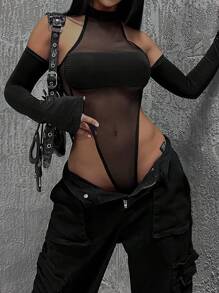 INAWLY 女士透視高腰連體網眼衣 - 黑色 - 查看 1