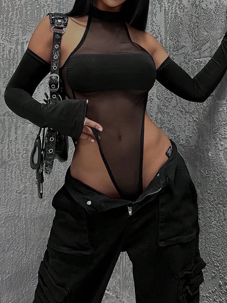 INAWLY 女士透視高腰連體網眼衣 - 黑色 - 查看 1