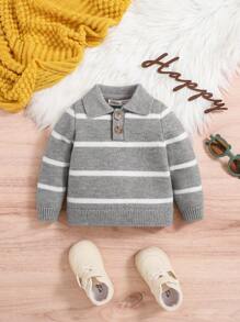 SHEIN Baby Boys' Casual Loose Striped Long Sleeve Sweater - Grey - View 1