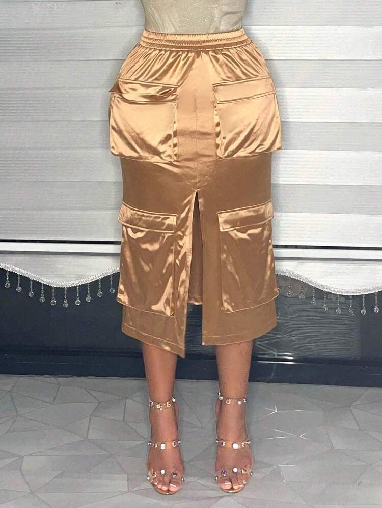 Women's Satin Cargo Pocketed Front Slit Skirt