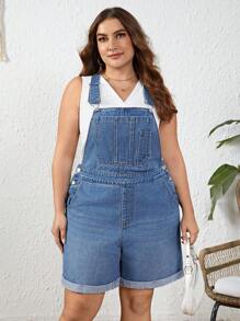 SHEIN LUNE 大码卷边牛仔背带裤 - 中等水洗藍 - 查看 6