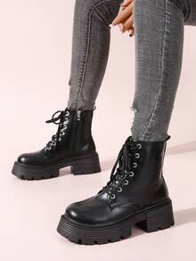 女士新款春秋黑色時尚、舒適、優雅的踝靴和短靴,側邊拉鍊細節,圓頭設計,厚實大底 - 黑色 - 查看 4