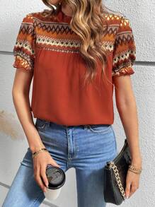 Chiquease Elegant Geometric Print Puff Sleeve Round Collar Blouse For Women - Orange - View 1