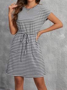 SHEIN Essnce Women's Round Neck Striped Waist-Cinching Slant Pocket Casual Spring Dress - Grey - View 4