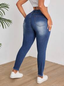 SHEIN SXY Kích thước lớn Đau khổ Thon gọn Quần jean - Rửa tối - Xem 3