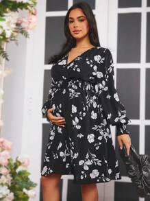 SHEIN 孕妇花卉裹身V领灯笼袖连衣裙 - 黑色 - 查看 4