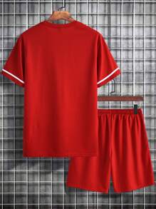 Manfinity Homme 男士 2 件套数码印花短袖 T 恤和篮球短裤，外出，休闲 - 紅色 - 查看 2