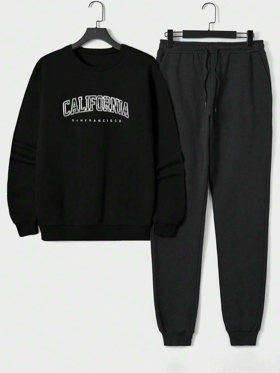 RueChic Men's Letter Printed Sweatshirt And Sweatpants Set - Black - View 1