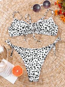 SHEIN Swim Women's Polka Dot Printing Bikini Set With Straps And Steel Ring Music Festival - Black and White - View 5