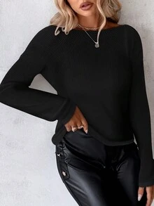 Women's Butterfly Embroidery Back Long Sleeve T-Shirt - Black - View 4