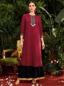 Divindia Ladies Embroidered Split Kurti Style Long Sleeve Kurta