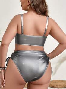 SHEIN Swim Curve 大码女式聚氨酯皮革比基尼套装狂欢夏日海滩 - 銀色 - 查看 3