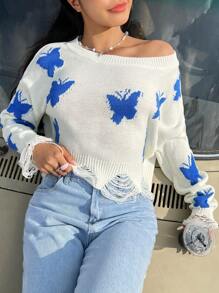 SHEIN EZwear Butterfly Pattern Distressed Sweater - White - View 1