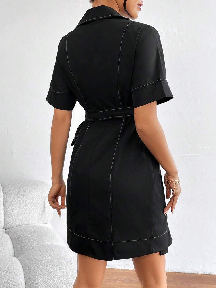 Women'S Color Block Stitching Wrapped Belt Dress
