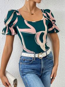 SHEIN Privé Của phụ nữ Xù Hoa Sen Pháo sáng Bong bóng Ngắn tay Áo thun - màu xanh lá - Xem 5