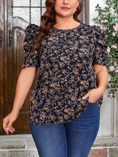 Reflora Plus Size Valentine's Day Women Floral Printed Short Puff Sleeve Blouse For Summer