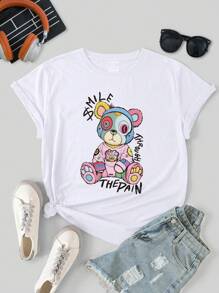 SHEIN EZwear 大尺寸卡通字母印花t恤 - 白色 - 查看 4