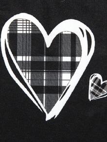 SHEIN Cô gái Tween Dệt kim Hình trái tim Cami ngọn Và Dệt kim Kẻ sọc Lỏng lẻo Quần Vừa Khít Trang phục mặc nhà Bộ - Đen và trắng - Xem 5