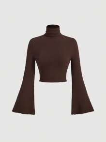 SHEIN MOD Women's High Neck Bell Sleeve T-Shirt - Coffee Brown - View 1