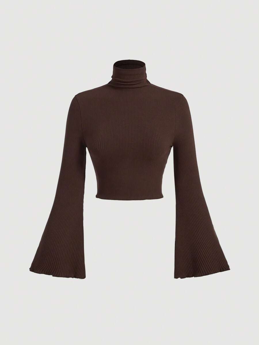SHEIN MOD Women's High Neck Bell Sleeve T-Shirt - Coffee Brown - View 1