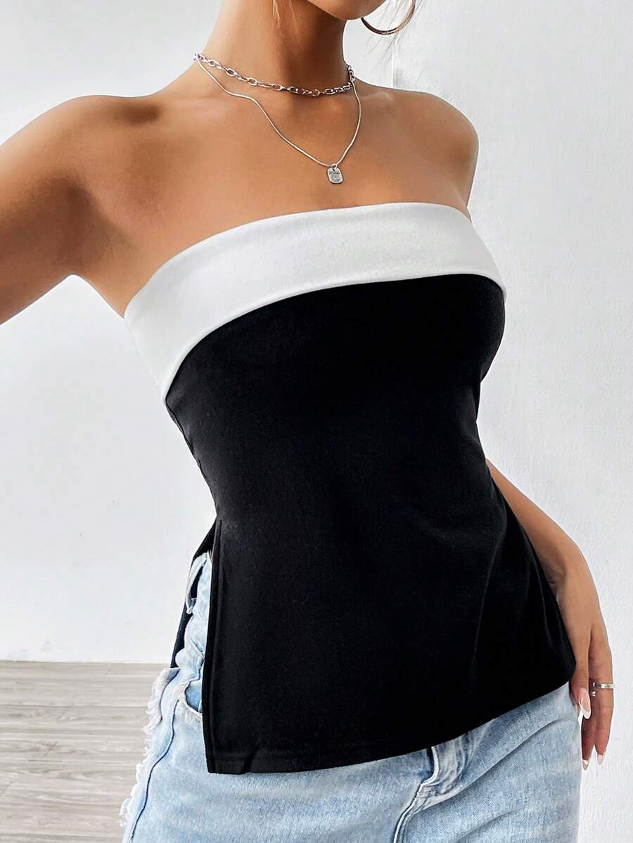 SHEIN EZwear Áo ống màu đen Y2k mùa hè cho nữ - Đen và trắng - Xem 1