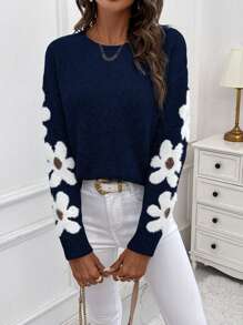 SHEIN LUNE Women's Casual Flower Pattern Knit Pullover Fall Winter Sweater - Navy Blue - View 1