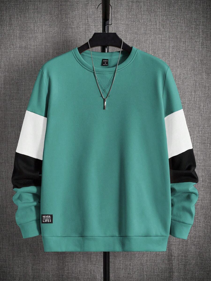 GENTILAND Men's Round Neck Long Sleeve Color Block Knitted Casual Sweatshirt - Green - View 1