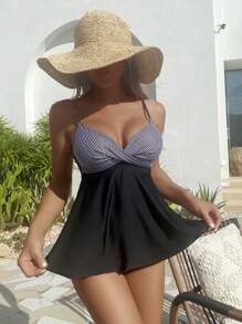 SHEIN Swim Women's Striped Pattern Tank Top And Triangle Swimsuit Bottom Set Carnival Summer - Black - View 4