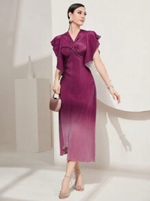 Modelyn Của phụ nữ Off-shoulder Ngắn tay Mặt trước xoắn Váy chữ A - Màu đỏ tím - Xem 2