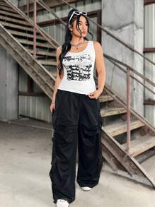 SHEIN EZwear Camiseta Sin Mangas Estampada De Talla Grande