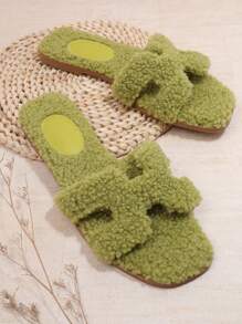 SHUZIA 女式纯色平底毛茸茸凉鞋 - 綠色 - 查看 4