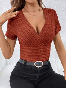 SHEIN Essnce 女士修身包領肋紋t卹 - 紅木色 - 查看 1