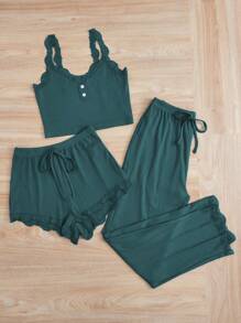 Women's Lace Trimmed Camisole & Tie Waist Shorts & Pants Sleepwear Set Pajama Set - Dark Green - View 4