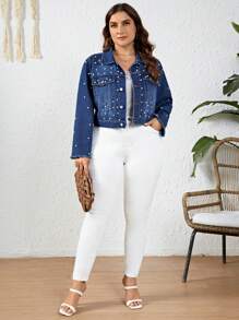 Của phụ nữ Kích thước lớn Trang trí Sọc Áo khoác denim - Rửa tối - Xem 6