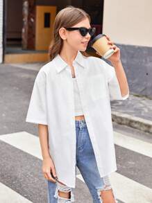 Camisa Casual Solta De Tecido Com Impressão De Letras E Rosto Para Meninas Pré-adolescentes - Branco - Ver 3