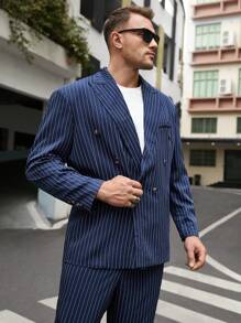 GENTILAND 男士加大碼條紋西裝外套,配有缺口衣領和長褲編織休閒套裝 - 藏蓝色 - 查看 1