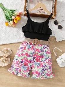 Tween Girl Floral Print Strap Jumpsuit - Black - View 1