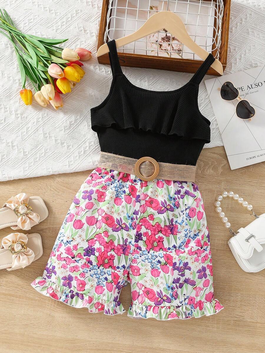 Tween Girl Floral Print Strap Jumpsuit - Black - View 1