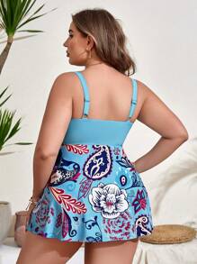 Swim Lushoire Conjunto de bikini de talla grande con top de tirantes con nudo delantero y tankini triangular - Azul - Ver 2